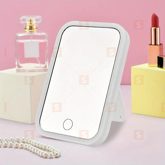 Oglindă de machiaj cu LED Ecran tactil Oglindă de cosmetică portabilă, pliabilă, cu 3 lumini, cu mărire 5X, oglindă cosmetică compactă