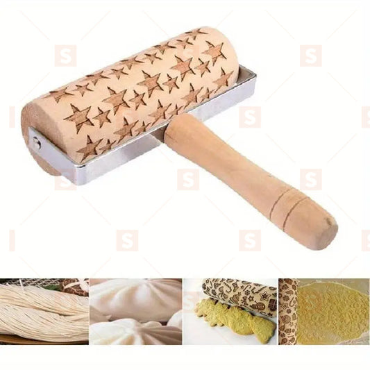 Sucitoare în relief, Sucitor cu gravare 3D, Sucitor cu model de stea din lemn de siguranță naturală pentru aluat pentru copii și prăjituri și prăjituri