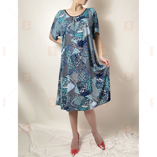 Rochie de dama din jerse cu maneca scurta, pana la genunchi, cu centura in talie