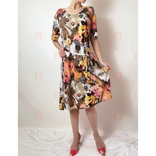 Rochie de dama din jerse cu maneca scurta, pana la genunchi, cu centura in talie