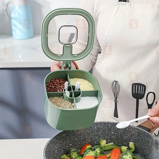 Cutie de condimente, cutie rotundă de condimente multi-grilă cu linguri, zahăr integrat glutamat de sodiu Cutie de condimente de uz casnic, recipient pentru condimente de blat