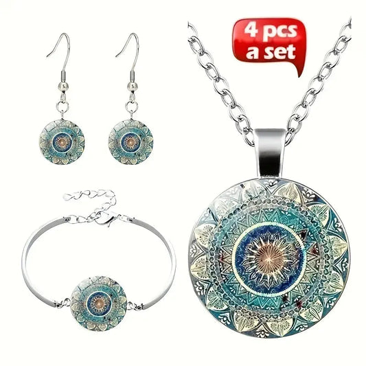 4 bucăți/set Mandala Flower Time Colier, Brățară și Cercei Set de bijuterii, Decorații de epocă Pandantiv de sticlă creativ pentru bărbați și femei