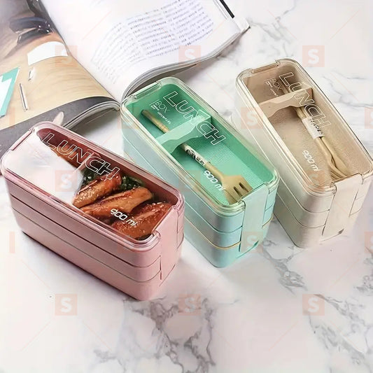 1 set Set cutie Bento 3 în 1 - Cutie de prânz sigură pentru cuptorul cu microunde și mașina de spălat vase cu separatoare și ustensile - Perfect pentru școală, călătorii și gustări
