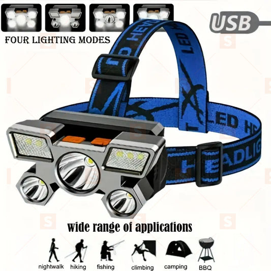Lanterna portabila cu incarcare USB, lanterna frontala cu 5 LED-uri cu baterie incorporata, sursa portabila de lumina de lucru pentru pescuit si camping. Potrivit pentru călătorii, camping, pescuit și vânătoare