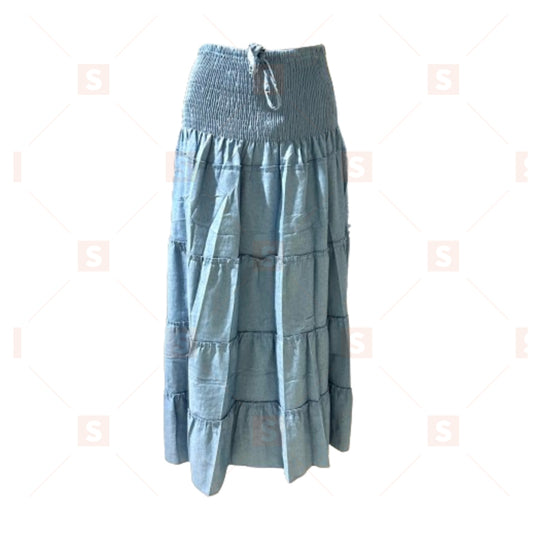 Fusta din denim cu șnur cu talie elastică, spalat, albastru, elegantă, fustă midi, din denim, femei, casual, din bumbac, cu franjuri, fuste în talie