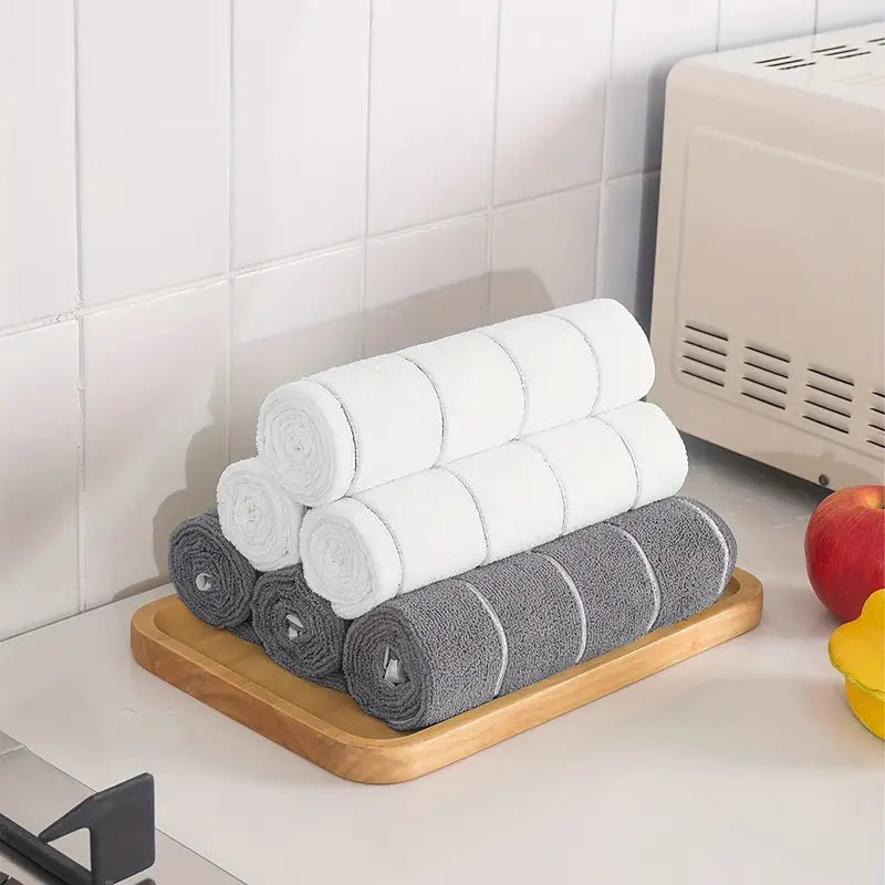 5 buc. Prosoape de bucatarie din microfibra super absorbante - prosoape late si groase gri si albe pentru curatare si uscare usoara.
