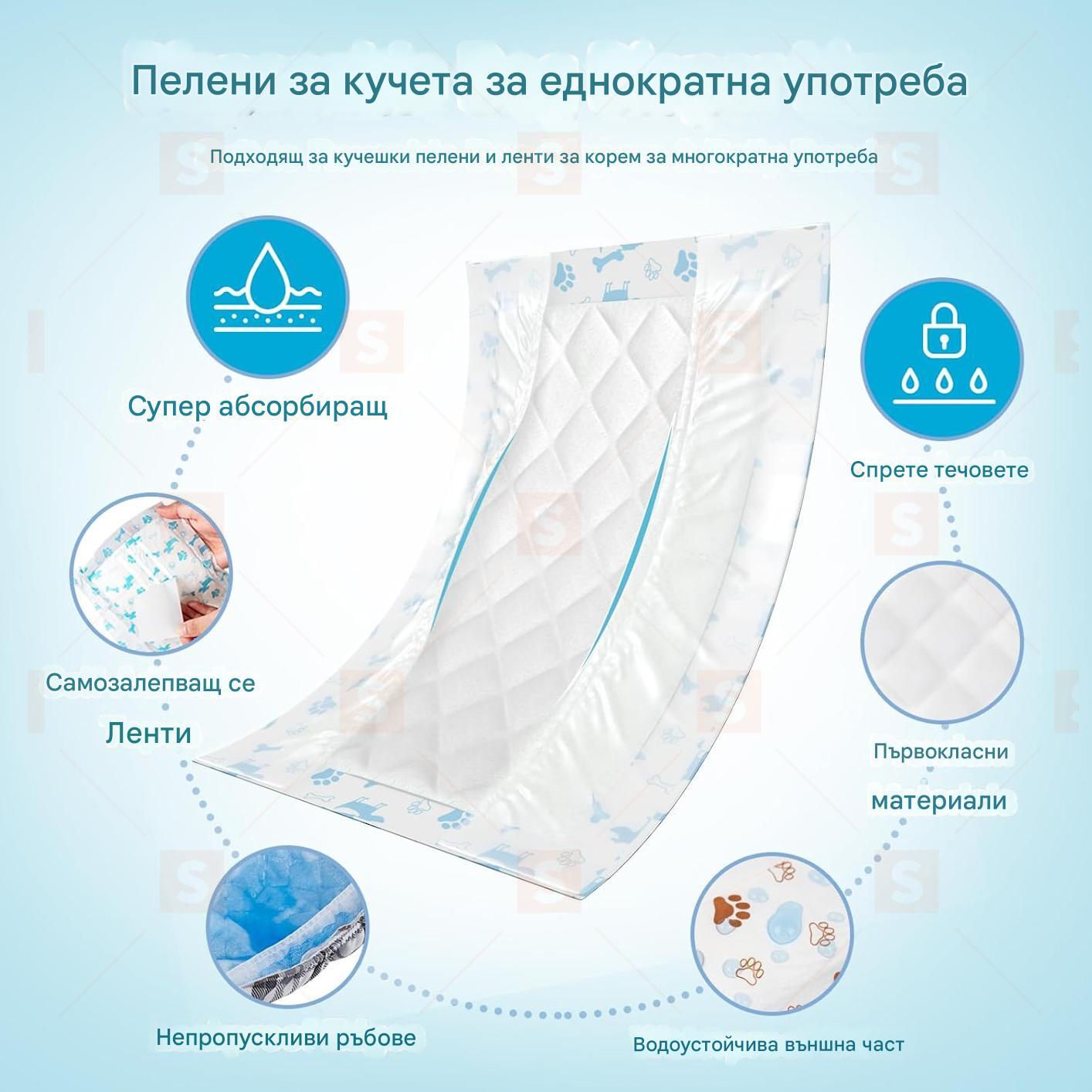 Пет меки пелени за кучета, еднократни пелени за кучета, подсилващи подложки за мъже, кучета, подходящи за повечето кучешки обвивки и коремни ленти