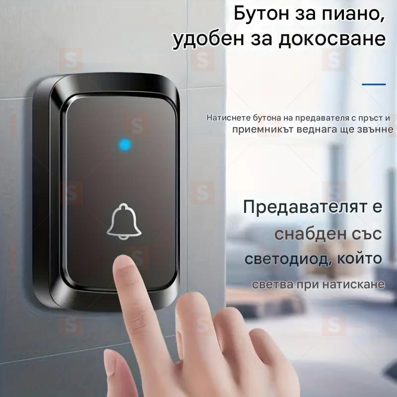 Безжичен звънец, водоустойчив комплект за звънец, разграничаване на предни и задни врати, обхват над 304,8 метра и 5 нива на сила на звука и LED светкавица, непрезареждаща се батерия, Plug-and-Play, европейски щепсел, за домашен офис и класна стая