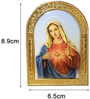 Икона на Мадоната и Детето в синьо, вечен цвят на Дева Мария, аркова икона с поставка, размер 9*6.5 см, цвете в ръката на Мария, религиозен подарък.
