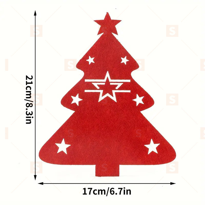 Коледен държач за прибори от филц, Коледна украса за маса, Коледна чанта за прибори от червен филц, Коледна елха, чанта за прибори за ножове, вилици и лъжици, Коледна украса за маса, Коледа