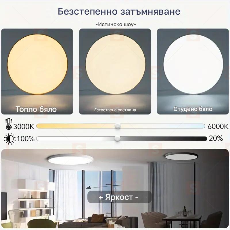 Смарт LED таванна лампа с дистанционно и APP управление, димираща, черен/бял дизайн, влагозащитена – за спалня и хол