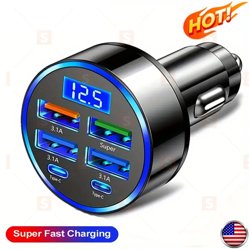 6-в-1 бързо зарядно за кола с USB-C, 4 порта, дисплей за напрежение – PD & QC 3.0