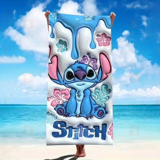 Плажна кърпа със Stitch принт – 2D плосък печат, супер абсорбираща и бързосъхнеща, 70×150 см