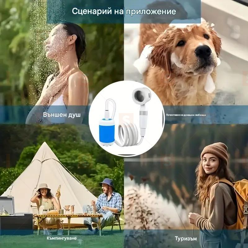 Безжичен комплект за душ при къмпинг – преносима USB акумулаторна водна помпа с регулируема дюза – идеален за туризъм, къпане на домашни любимци и миене на автомобили – включва мрежеста чанта за лесно съхранение