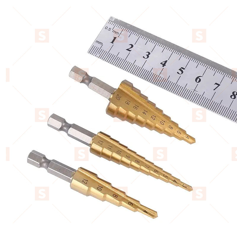 3 бр. Комплект стъпкови бормашини, Метал Дървоработен бормашинен нож, Дърво-метален отворен резец с титаново покритие, Конични бормашинни инструменти