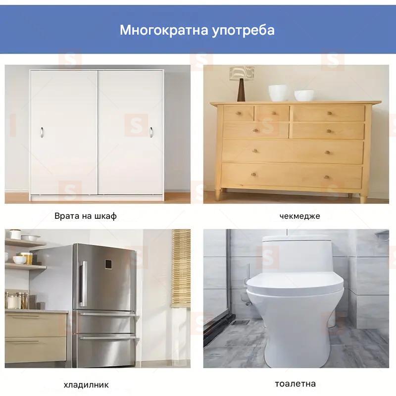 10 броя бели заключалки за шкафове и чекмеджета, лесен монтаж без пробиване. Изработени от здрав ABS пластмаса с лепящи ленти. Защита за шкафове, хладилници и др. Минималистичен дизайн, надеждна детска защита.