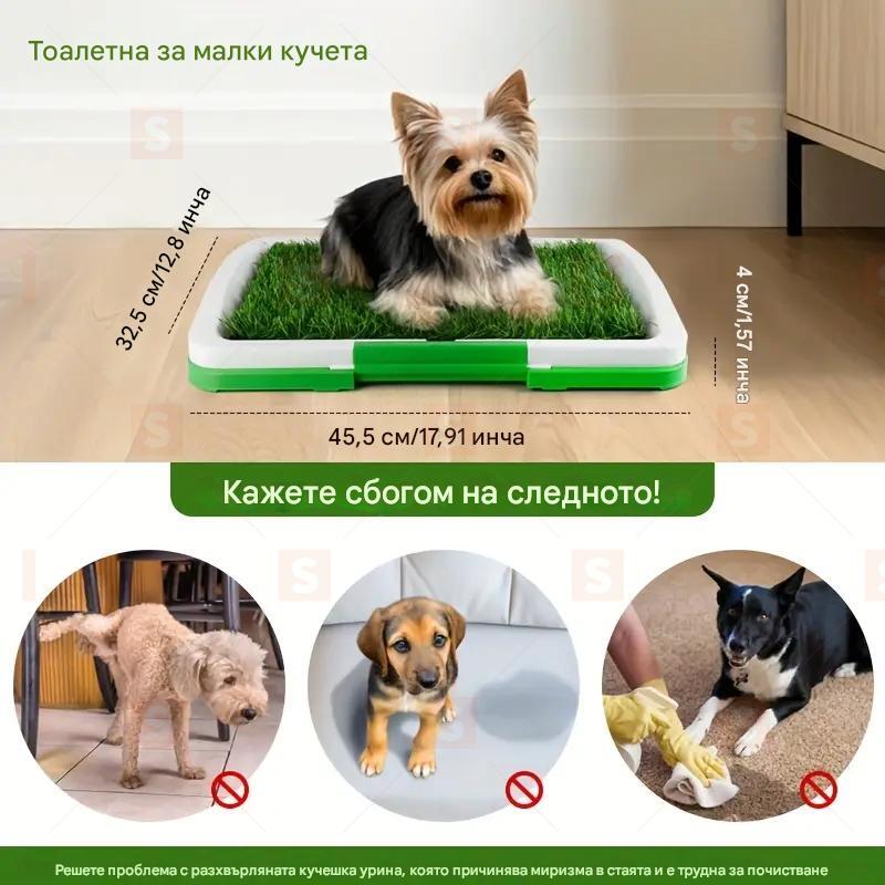 Тристепенна тоалетна подложка с изкуствена трева за малки кучета, предназначена за използване на закрито с кучешка тоалетна.