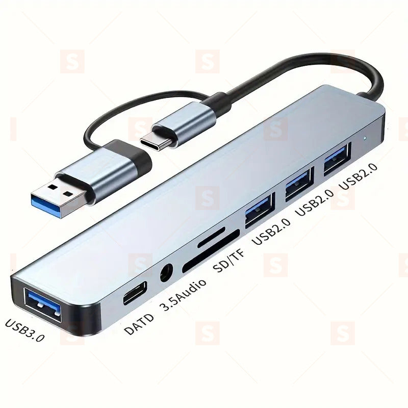 8-в-1 USB хъб с аудио жак, мултифункционален адаптер за таблети, USB хъб с много портове, съвместим с таблети и лаптопи