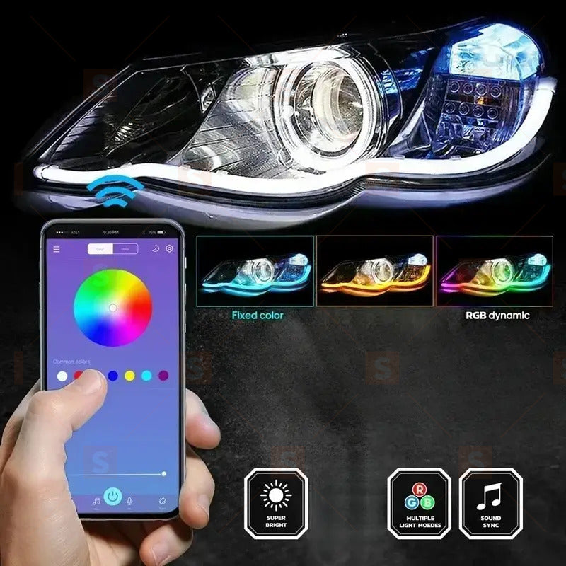 12V LED дневна светлина за автомобил с APP контрол – RGB течаща лента без батерия