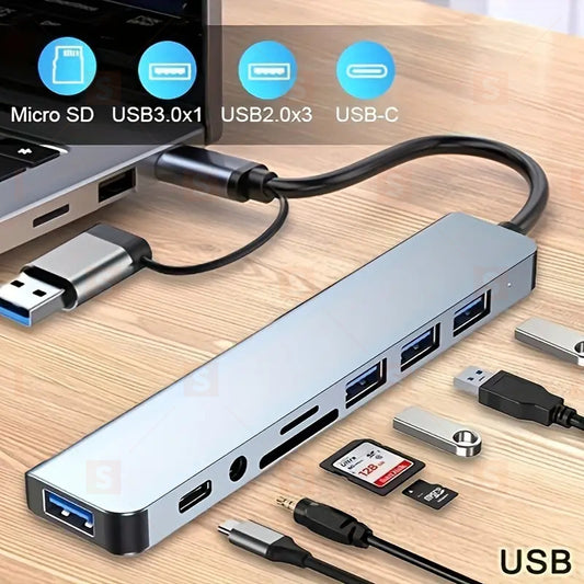 8-в-1 USB хъб с аудио жак, мултифункционален адаптер за таблети, USB хъб с много портове, съвместим с таблети и лаптопи