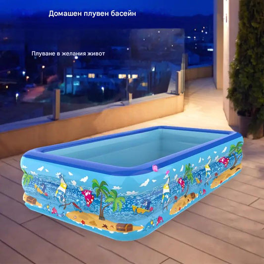 Надуваем семеен басейн с горен пръстен, изработен от PVC, с допълнителни елементи – не изисква електричество, подходящ за плуване и игри у дома, с подсилен дизайн тип "яма с топки"