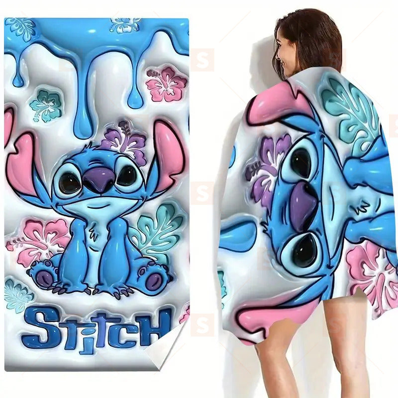 Плажна кърпа със Stitch принт – 2D плосък печат, супер абсорбираща и бързосъхнеща, 70×150 см