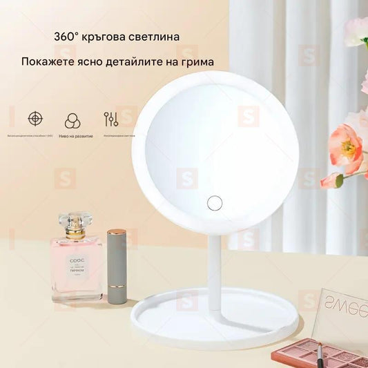 Преносимо LED огледало за грим с регулируемо осветление на 3 нива, USB зареждане и сгъваем дизайн – компактно HD огледало с табла за съхранение, идеално за пътуване, офис и спалня, осигурява ясно отражение и удобство навсякъде