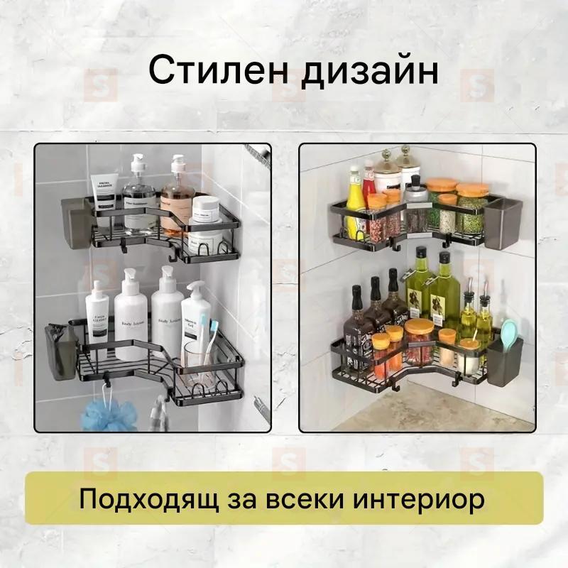 Комплект от 4 бр. етажерки за баня без пробиване – Черни стенни рафтове от неръждаема стомана с лепящ монтаж за душ и съхранение