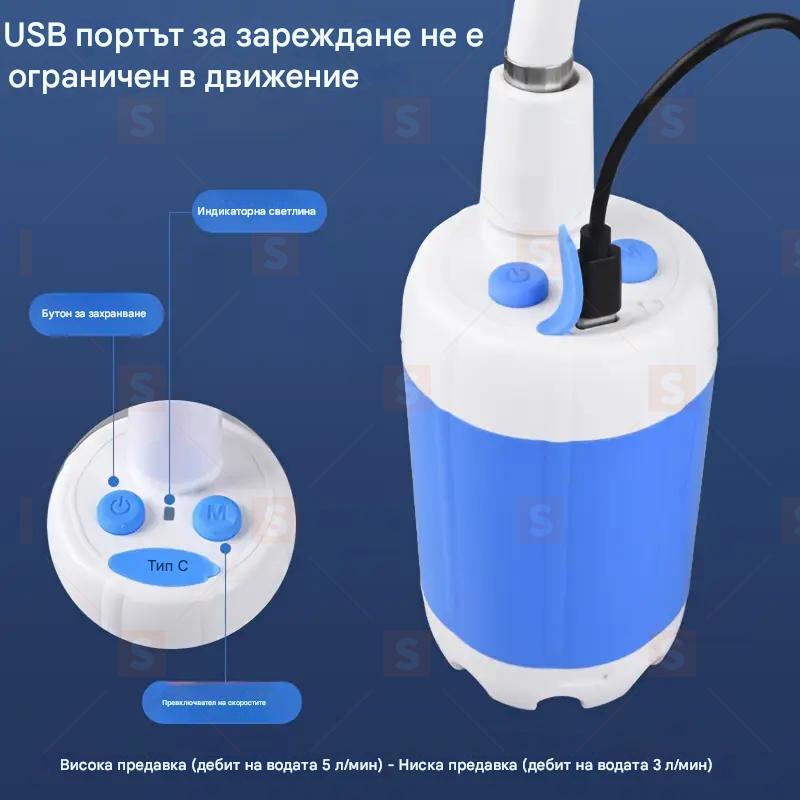 Безжичен комплект за душ при къмпинг – преносима USB акумулаторна водна помпа с регулируема дюза – идеален за туризъм, къпане на домашни любимци и миене на автомобили – включва мрежеста чанта за лесно съхранение
