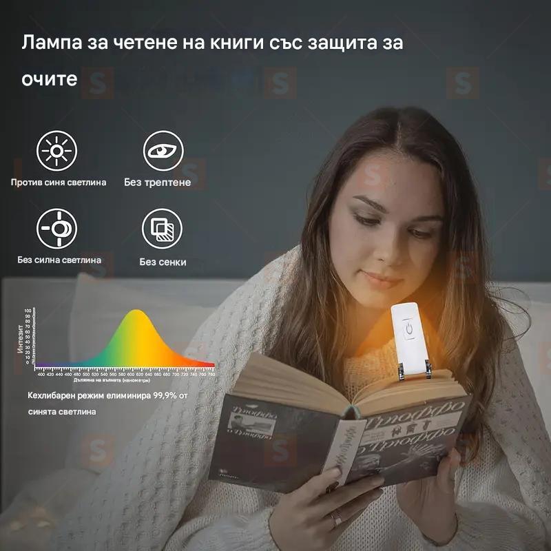 Компактна USB презареждаема лампа за четене – Сгъваема, с щипка, 3 нива на яркост