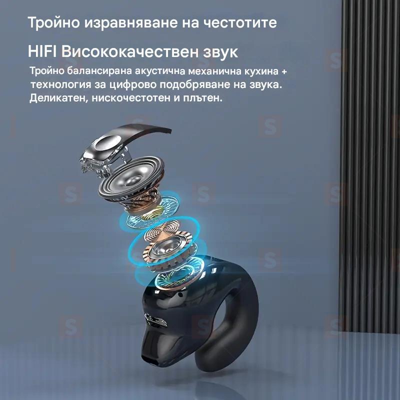 Безжични слушалки с клипс, Дълъг живот на батерията, Шумопотискане, Стабилно закрепване за спорт, Съвместими с всички смартфони, Черно