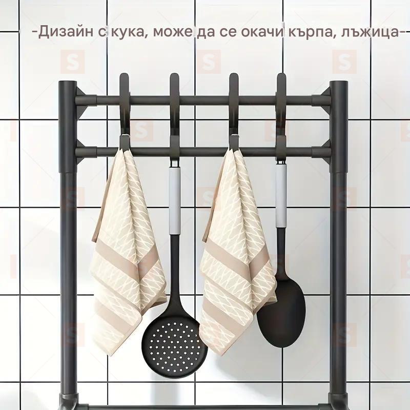 Регулируем 4 етажен метален багажник за съхранение с куки – свободностоящ органайзер за кухня, баня, спалня и перално – здрава метална конструкция с поддържащи рафтове и модулен дизайн, идеален за дома и офиса