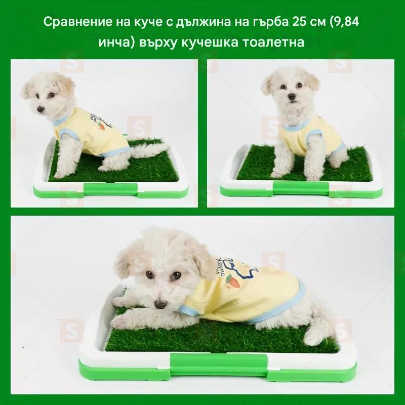 Тристепенна тоалетна подложка с изкуствена трева за малки кучета, предназначена за използване на закрито с кучешка тоалетна.