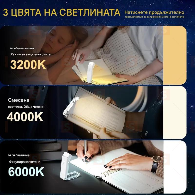 Компактна USB презареждаема лампа за четене – Сгъваема, с щипка, 3 нива на яркост