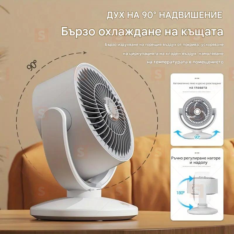 USB електрически вентилатор за въздушна циркулация – Ротация 360°, настолен/стенен монтаж, с осветление и презареждане