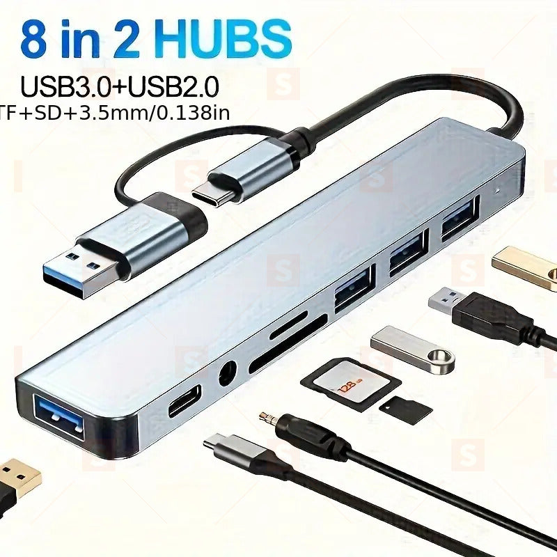 8-в-1 USB хъб с аудио жак, мултифункционален адаптер за таблети, USB хъб с много портове, съвместим с таблети и лаптопи