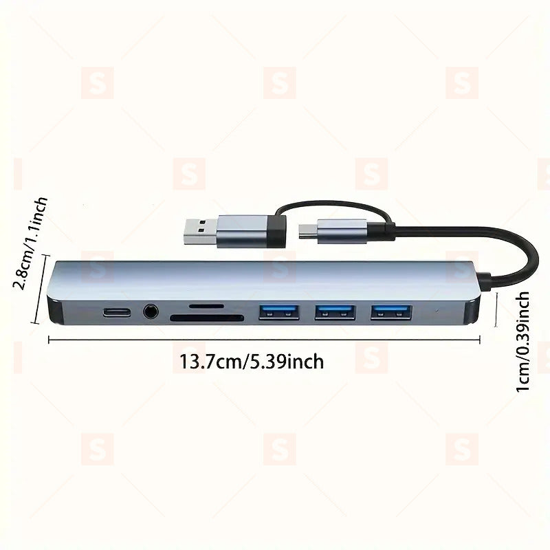 8-в-1 USB хъб с аудио жак, мултифункционален адаптер за таблети, USB хъб с много портове, съвместим с таблети и лаптопи