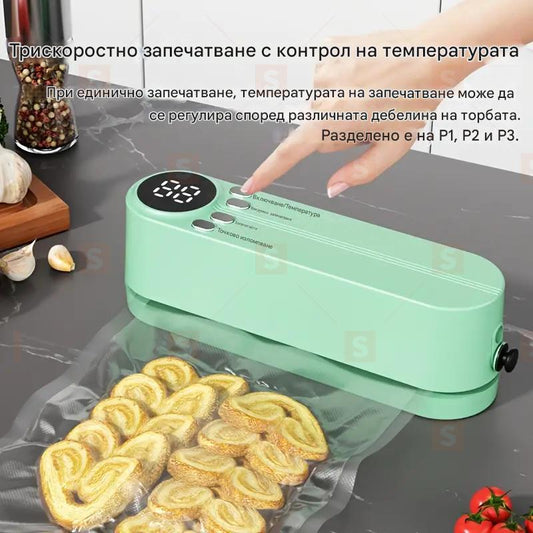 Презареждащо се с USB вакуумно устройство за запечатване с батерия 1200mAh, ментово зелено – многостепенен температурен контрол, компактен дизайн. Идеално за съхранение на храна: месо, зеленчуци, плодове, снаксове – у дома и навън.