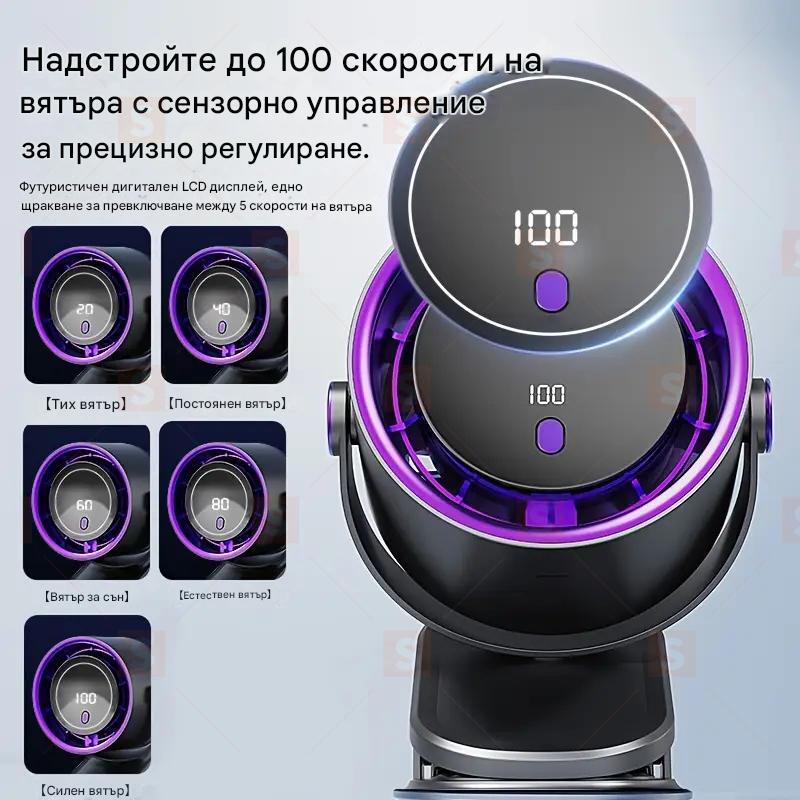 USB акумулаторен вентилатор 100mph – Преносим настолен вентилатор с 3 режима, въртяща се основа и закачалка, тиха работа и дълъг живот на батерията